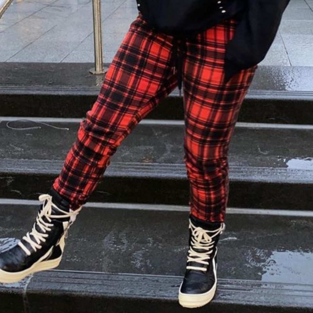 Plaid pattern skinny pants